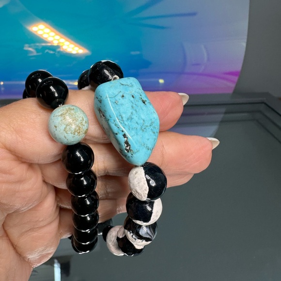 BLACK/WHITE AGATE + ONYX NATURAL BRACELET size 7”set of 2 - Picture 4 of 9